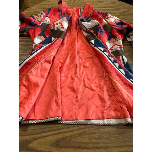 Orange blue white Aztec print open front long ruffled sleeved collared jacket - Picture 2 of 7